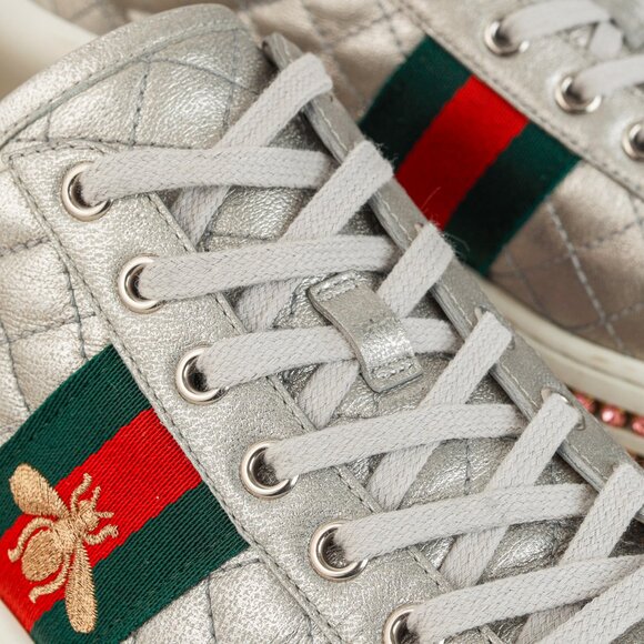 Gucci Ace Silver Quilted-Leather Bee-Webbing Crystal-Platform Sneakers - Picture 8 of 14